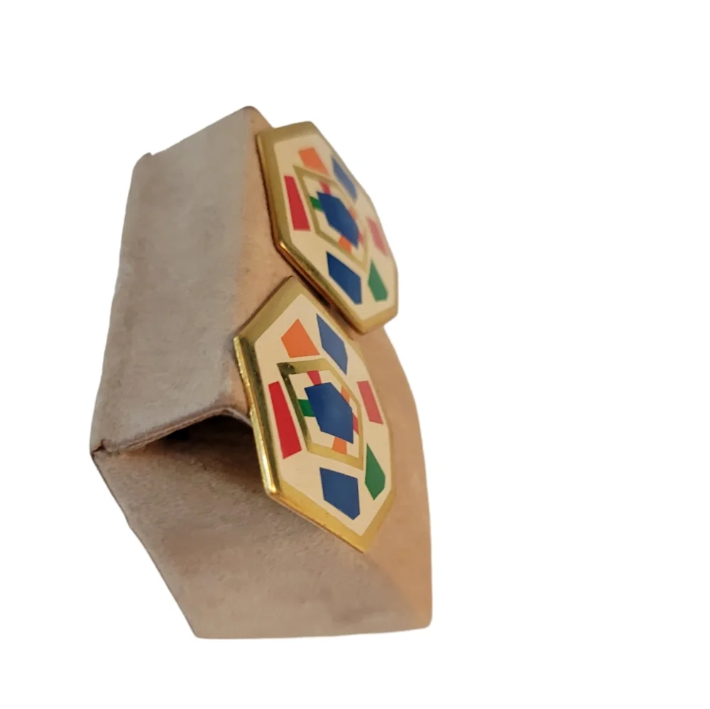 Vintage Enameled Hexagon Shaped clip earrings